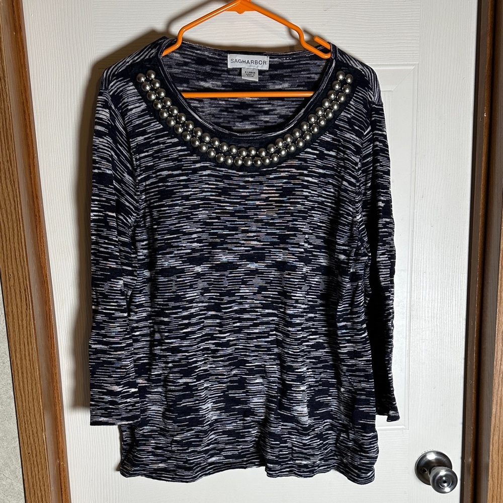 Sag Harbor Navy and White Sweater with Pearl Accents